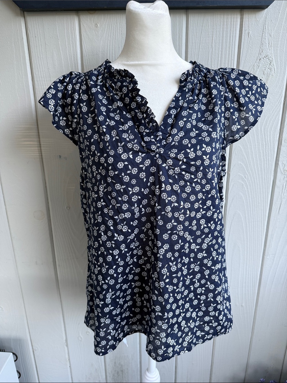 J. Crew Navy Floral Ruffle Cap-Sleeve Blouse